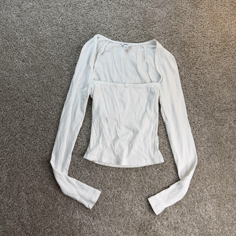 Garage Shirt Womens XS White Ribbed Square Neck Long Sleeve Knit Tee T-Shirt